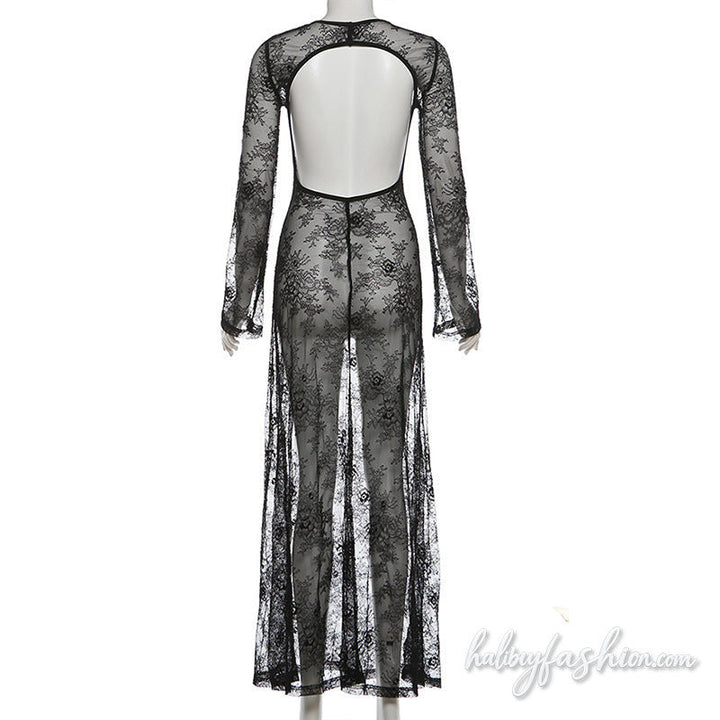 Long sleeve crewneck lace see through maxi dress