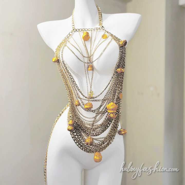 Halter self tie v neck metal chain backless top - Halibuy - 2