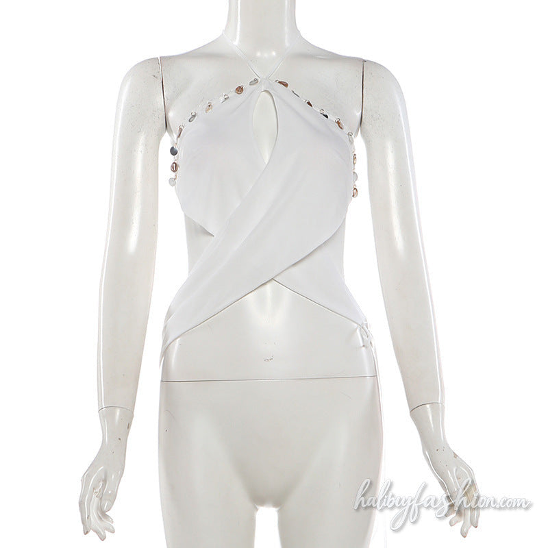 Hollow out halter self tie shell applique top
