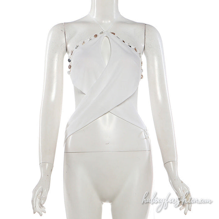 Hollow out halter self tie shell applique top