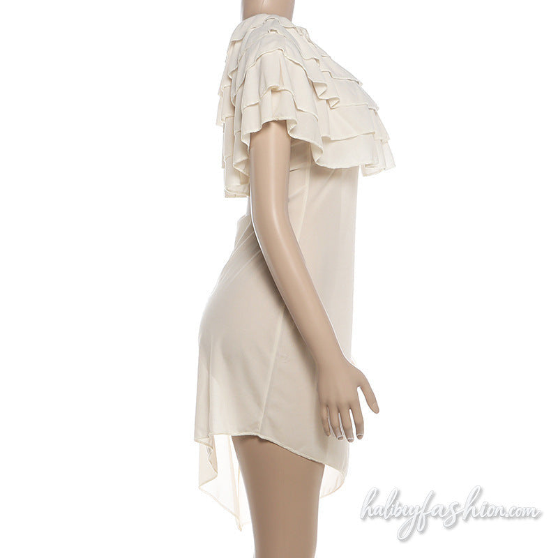 Crewneck ruffle irregular see through mini dress - Halibuy - 4