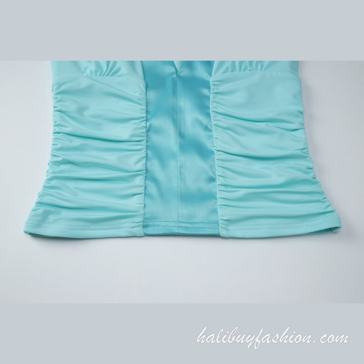 Deep v neck ruched cap sleeve solid knit top - Halibuy - 8