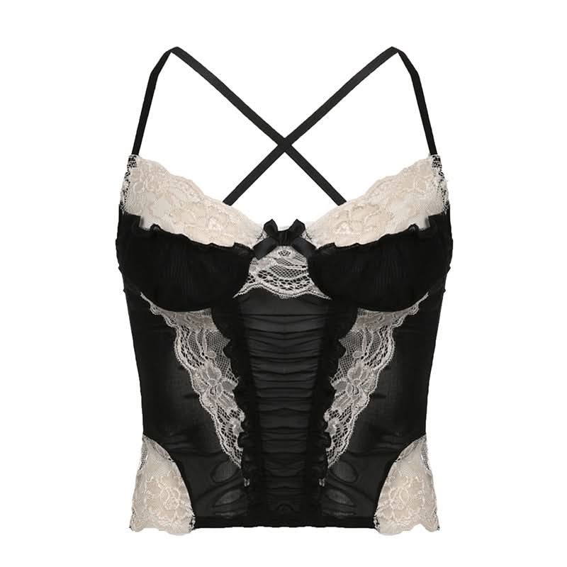 Lace hem contrast ruffle ruched patchwork cross back crop top-final-sale