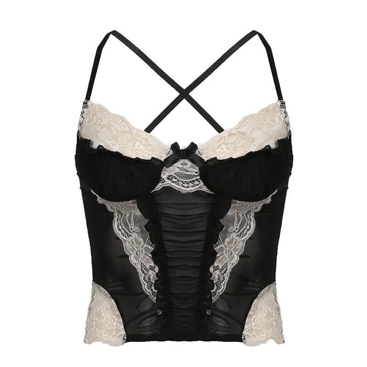 Lace hem contrast ruffle ruched patchwork cross back crop top-final-sale