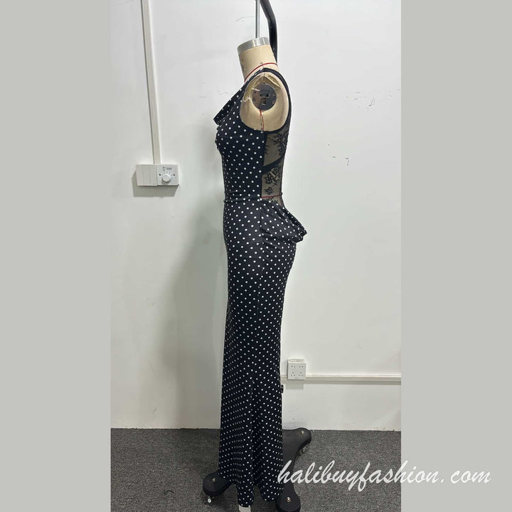 Polka dot cowl neck sleeveless lace see through cami maxi dress - Halibuy - 8