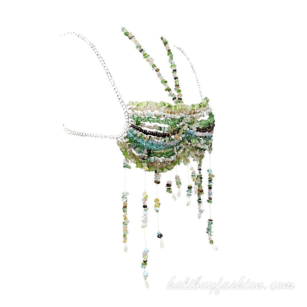 Halter beaded tassels backless metal chain top - Halibuy - 7