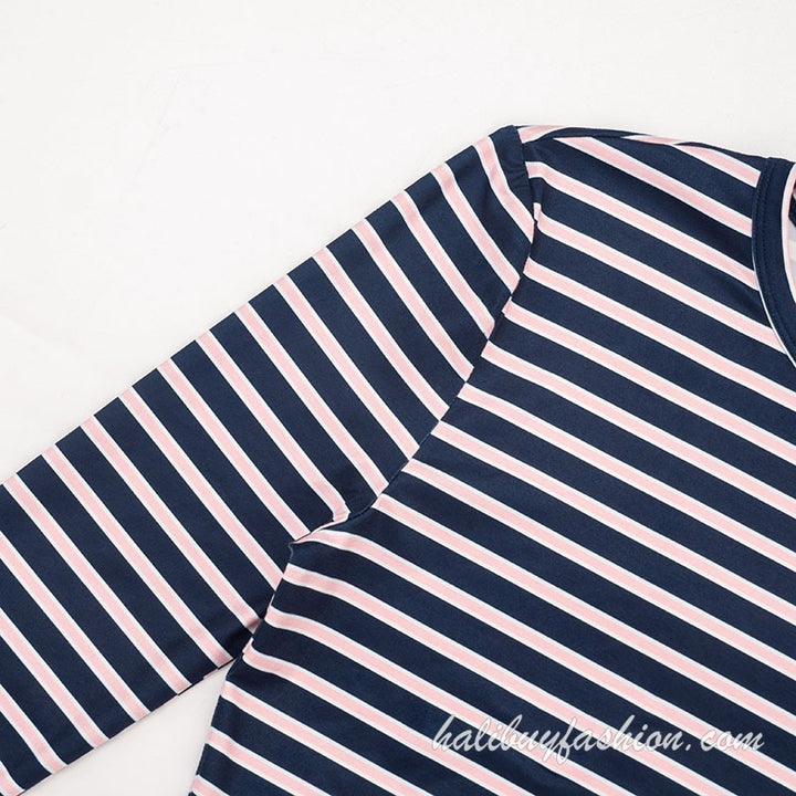 Long sleeve round neck striped ribbed drawstring knotted pant set - Halibuy - 8
