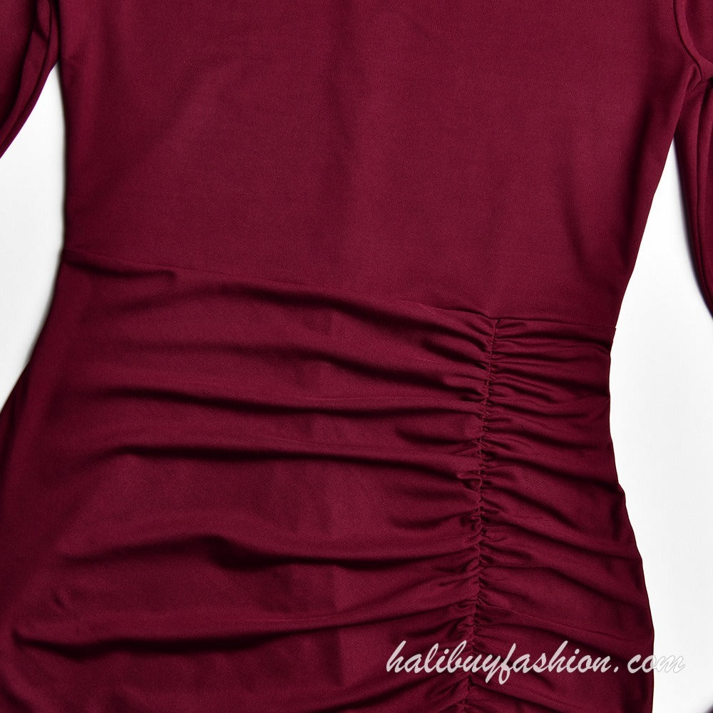 High neck long sleeve solid ruched high slit midi dress - Halibuy - 8