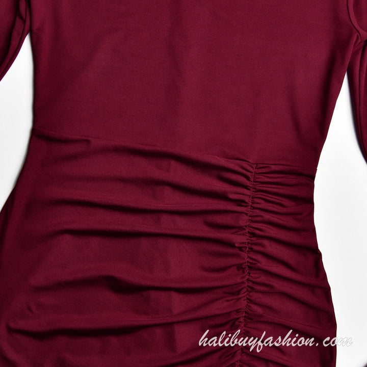 High neck long sleeve solid ruched high slit midi dress - Halibuy - 8