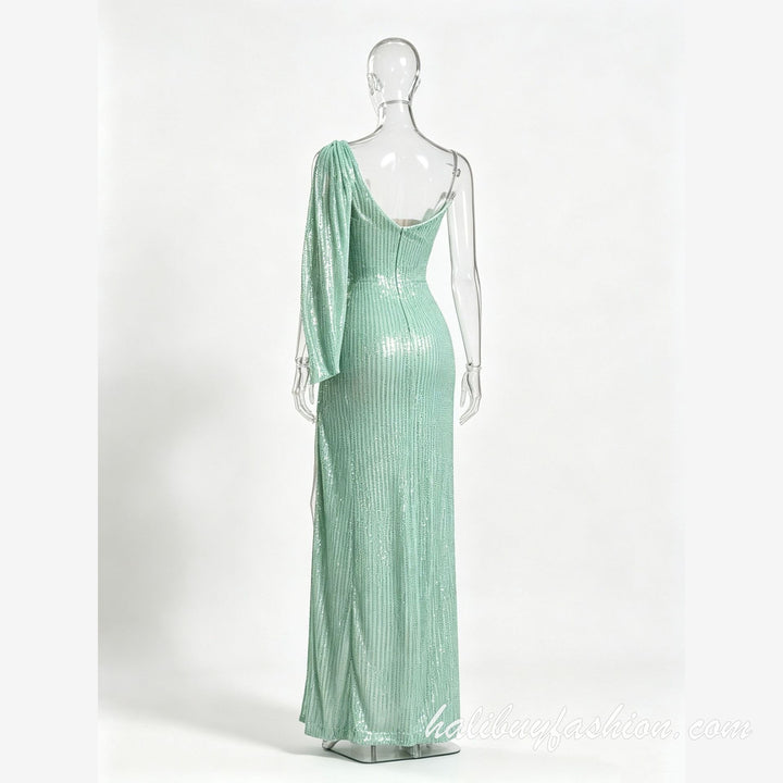 Glitter cowl neck high slit one shoulder backless long sleeve maxi dress - Halibuy - 8