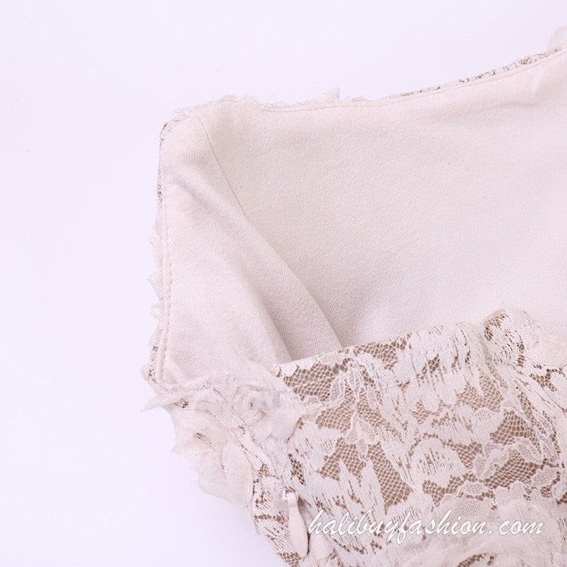 Patchwork lace ruched satin corset tube maxi dress - Halibuy - 8