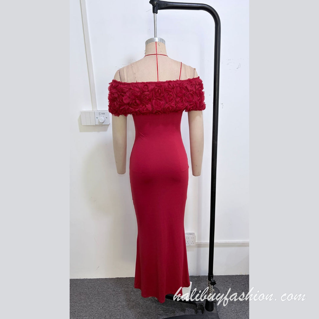 Off shoulder applique solid knit maxi dress - Halibuy - 8