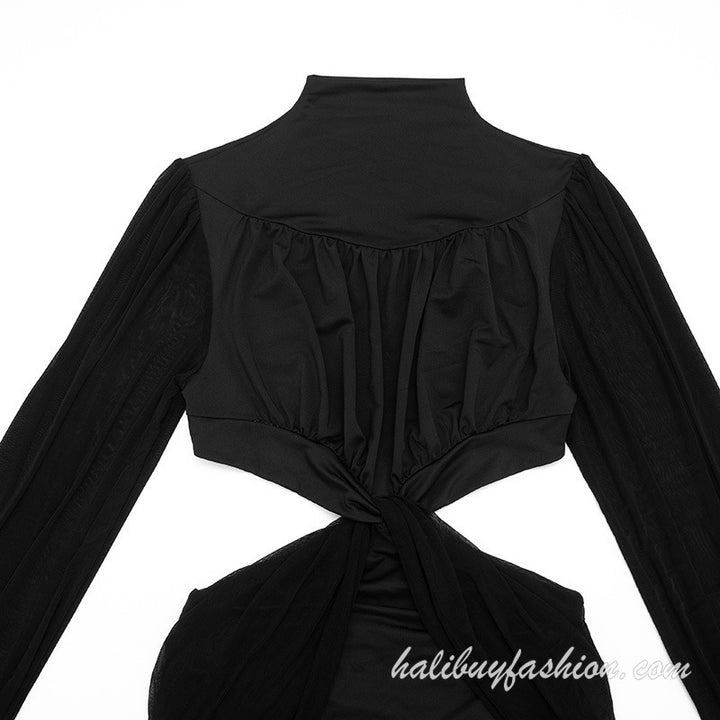 Long sleeve high neck cut out knotted solid ruched mini dress - Halibuy - 8