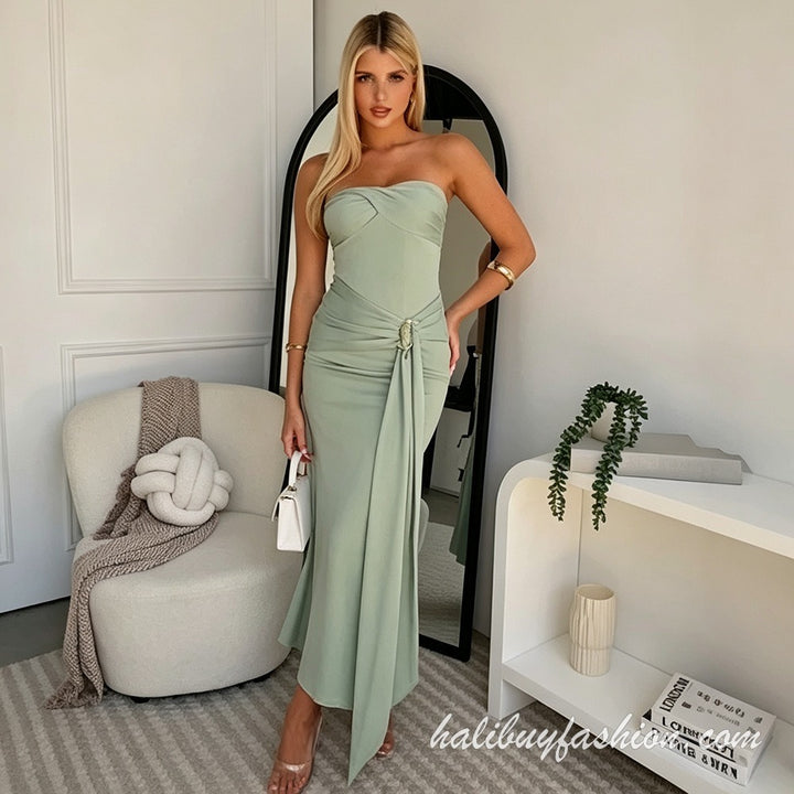 Backless ruched solid sleeveless buckle tube maxi dress - Halibuy - 8