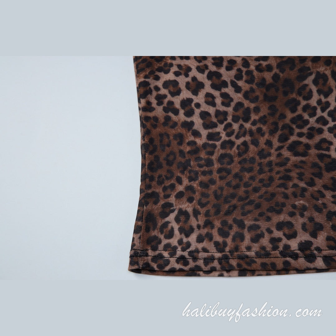 Halter deep v neck leopard print mesh see through top - Halibuy - 8