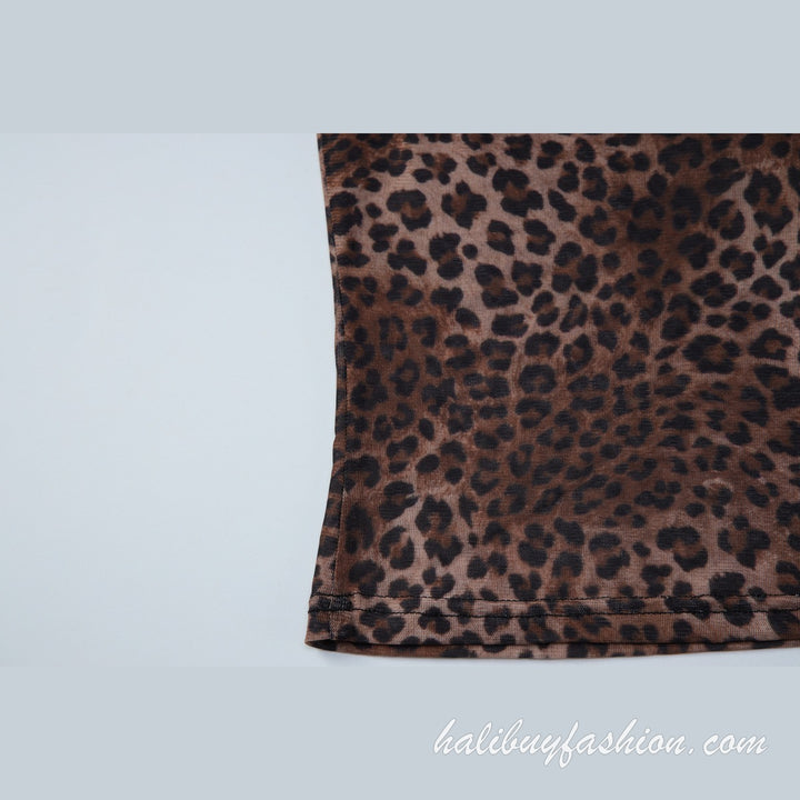Halter deep v neck leopard print mesh see through top - Halibuy - 8