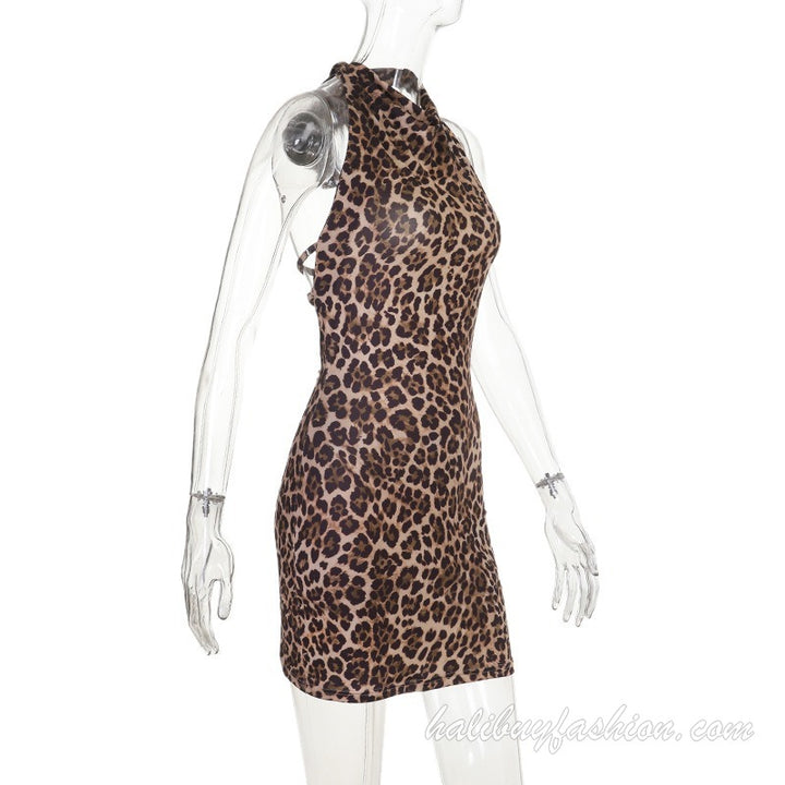 Halter leopard print backless self tie sleeveless mini dress - Halibuy - 8