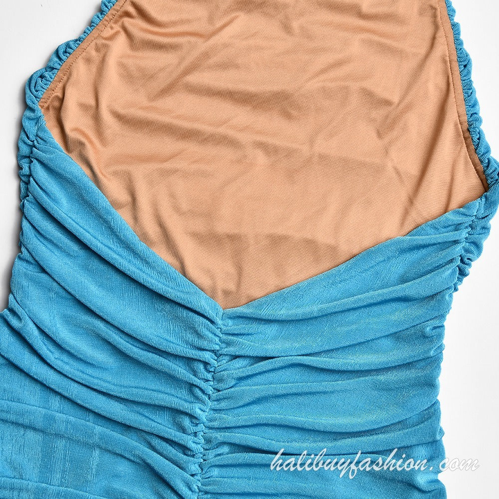 Halter high neck sleeveless ruched backless solid mini dress - Halibuy - 8
