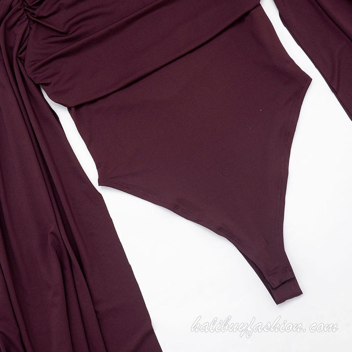 Turtle neck long flared sleeve ruched solid knit bodysuit - Halibuy - 8