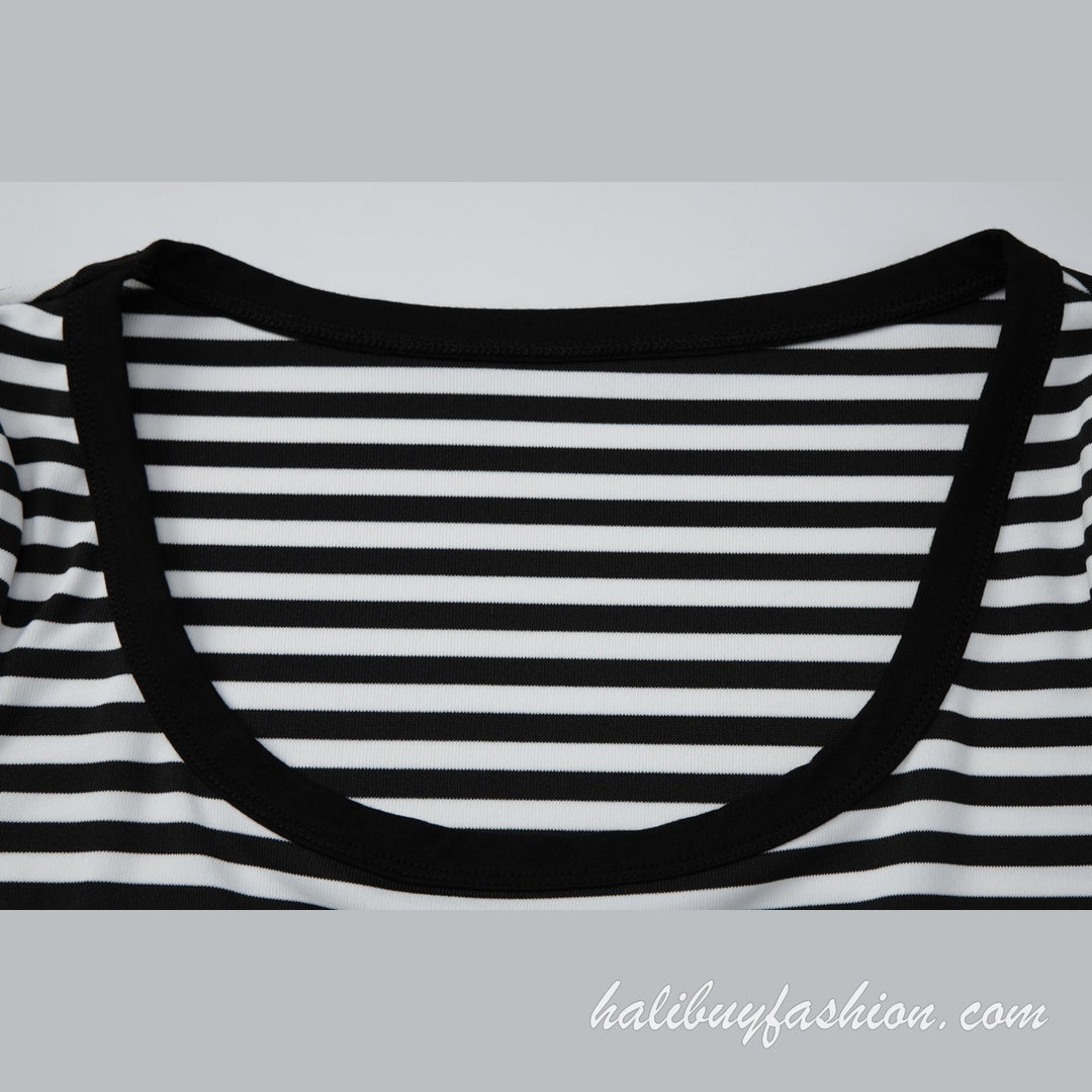 Striped long sleeve u neck contrast drawstring low rise pant set - Halibuy - 8