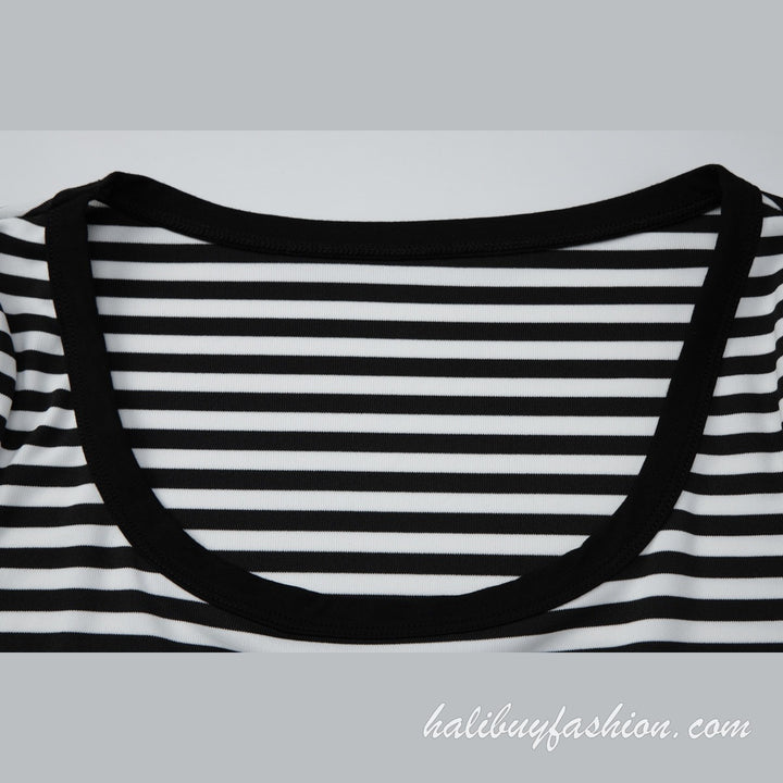 Striped long sleeve u neck contrast drawstring low rise pant set - Halibuy - 8