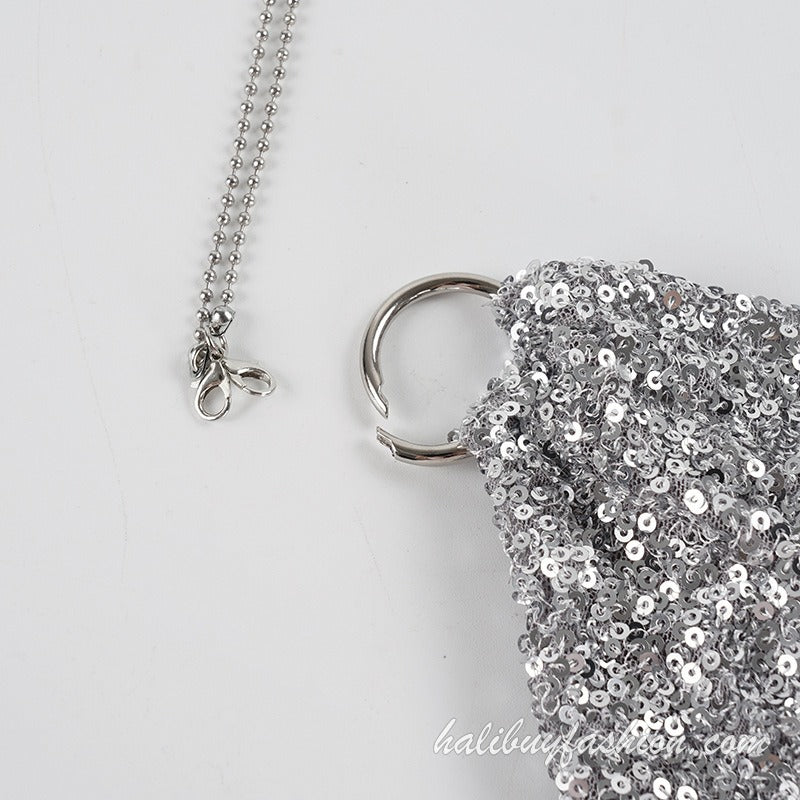 Halter glitter backless ruched drawstring metal chain mini dress - Halibuy - 8