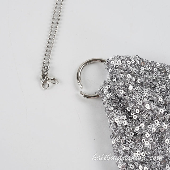 Halter glitter backless ruched drawstring metal chain mini dress - Halibuy - 8