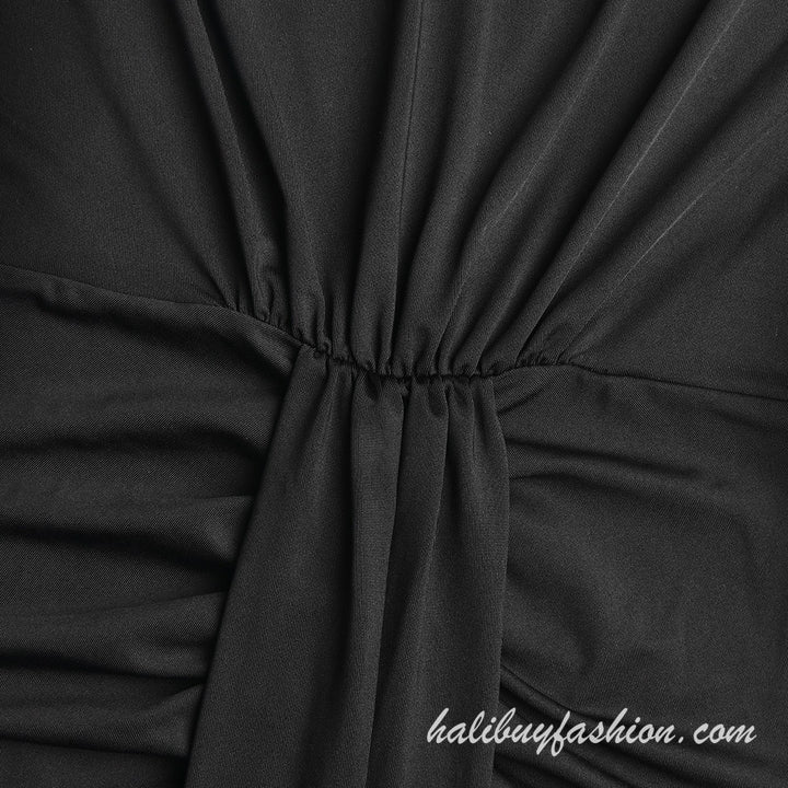 High neck sleeveless ruched solid high slit maxi dress - Halibuy - 8