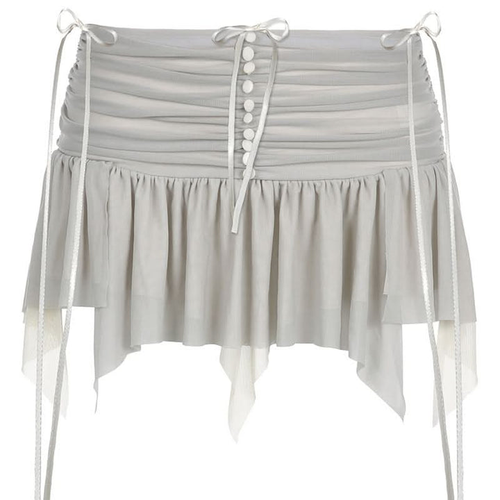 Mesh patchwork ruffle button contrast backless cami ruched skirt set-final-sale