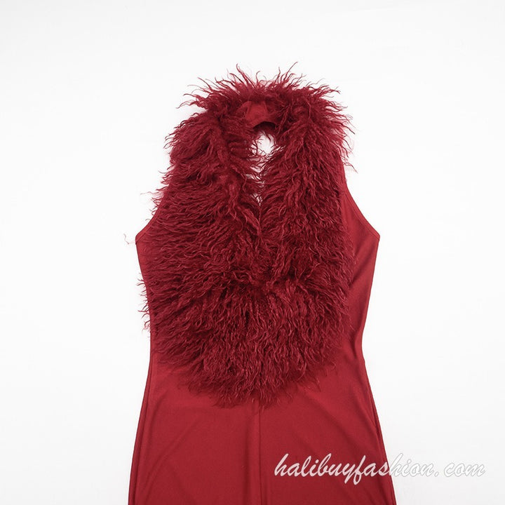 Halter sleeveless solid feather lace up satin jumpsuit - Halibuy - 8