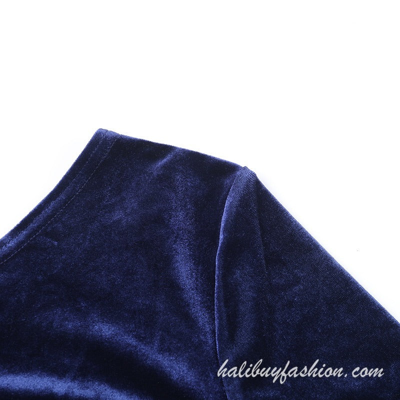 One shoulder long sleeve velvet lace hem ruched mini dress - Halibuy - 8