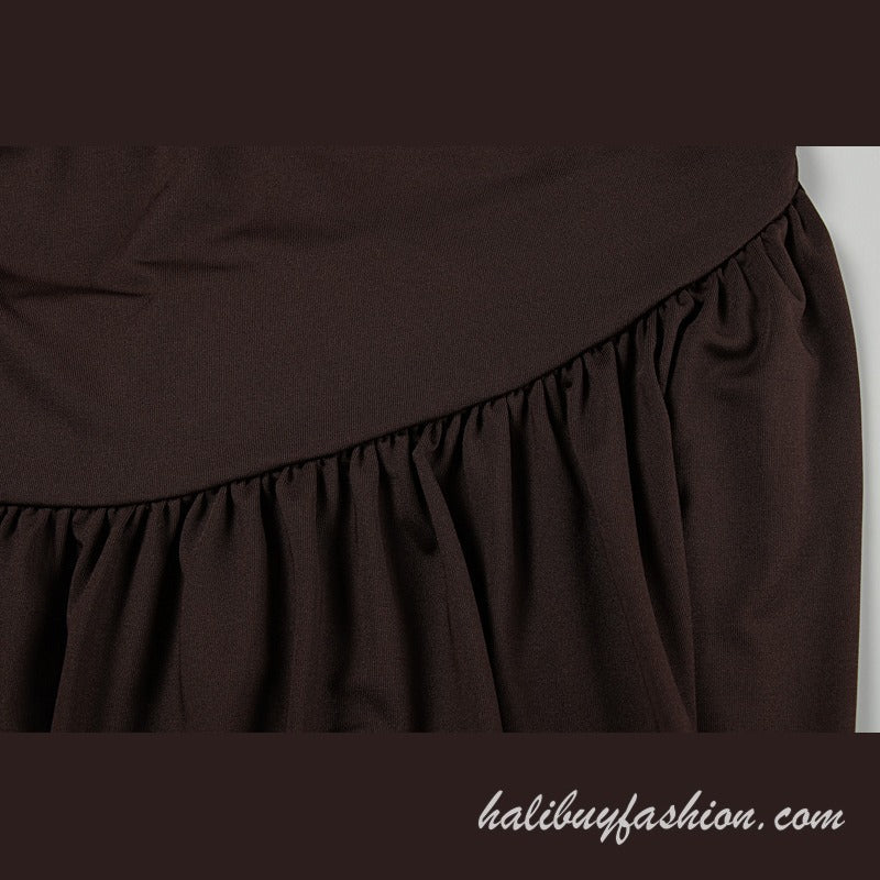 One shoulder ruched hollow out pleated solid o ring maxi dress - Halibuy - 8