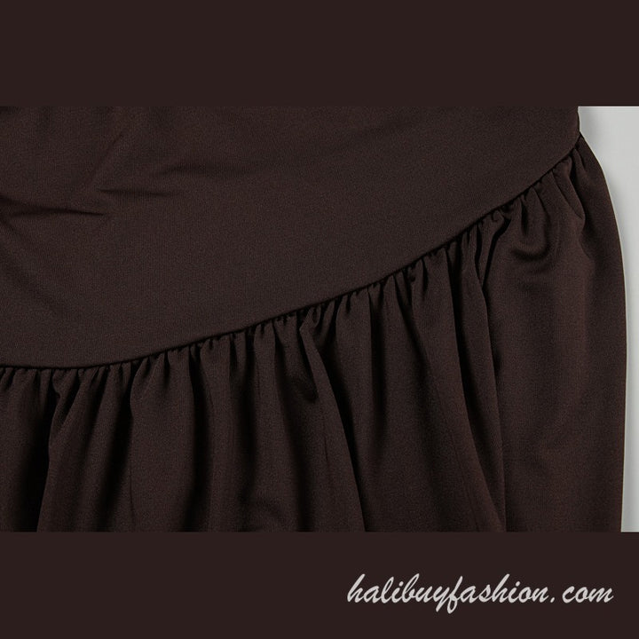 One shoulder ruched hollow out pleated solid o ring maxi dress - Halibuy - 8