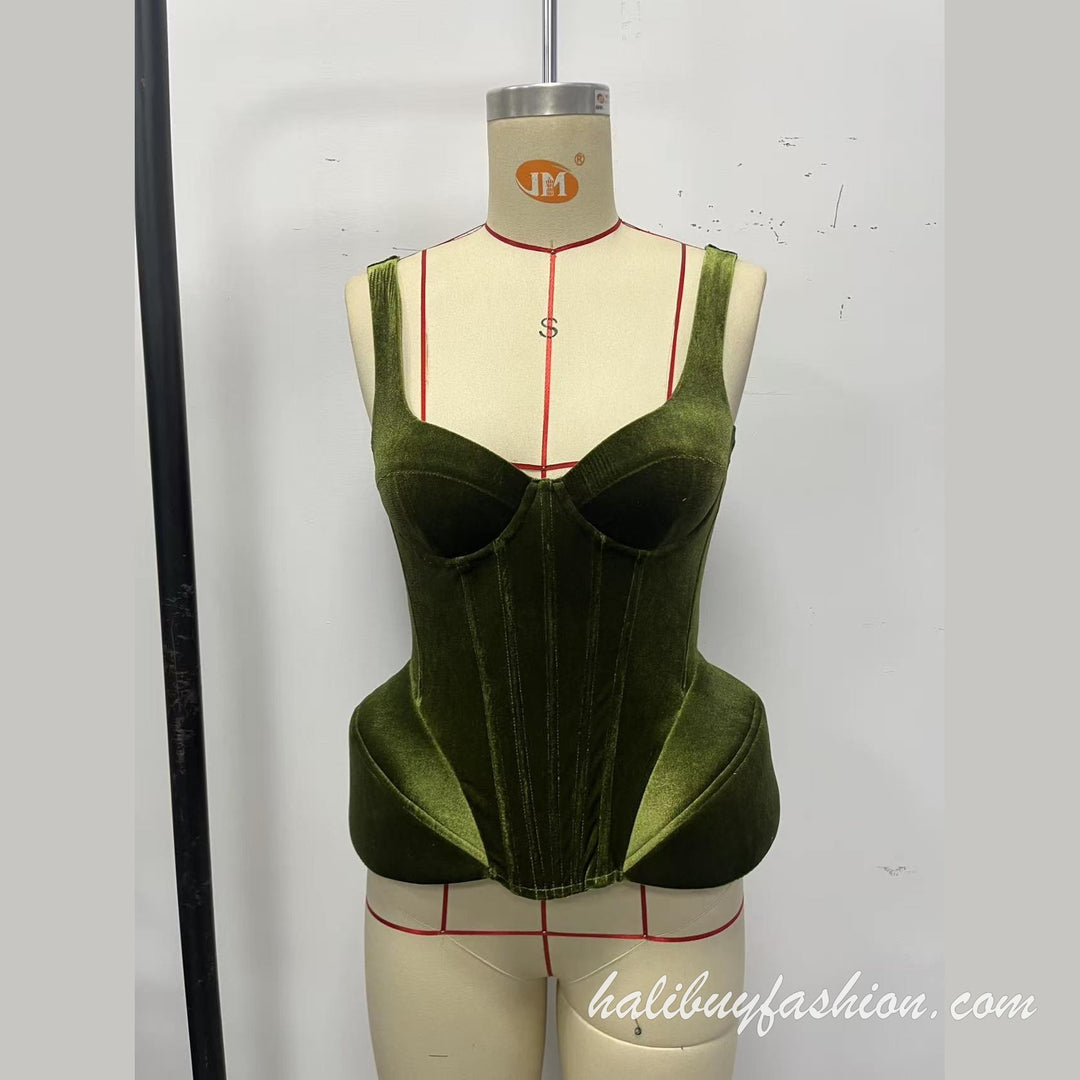 Velvet corset sleeveless solid zip-up square neck tank top - Halibuy - 8