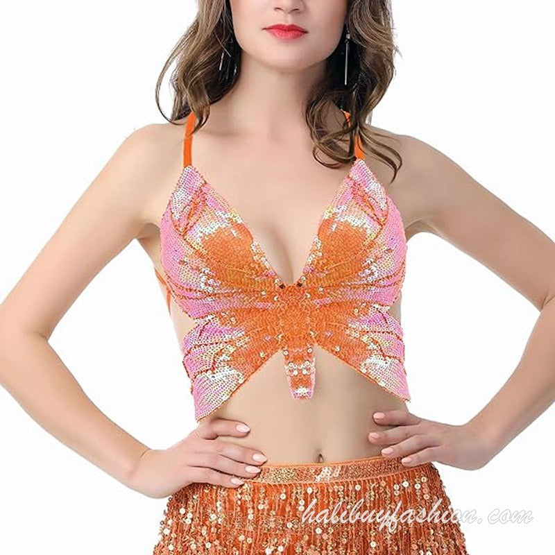 Spaghetti strap sleeveless glitter butterfly pattern deep v neck crop top - Halibuy - 8