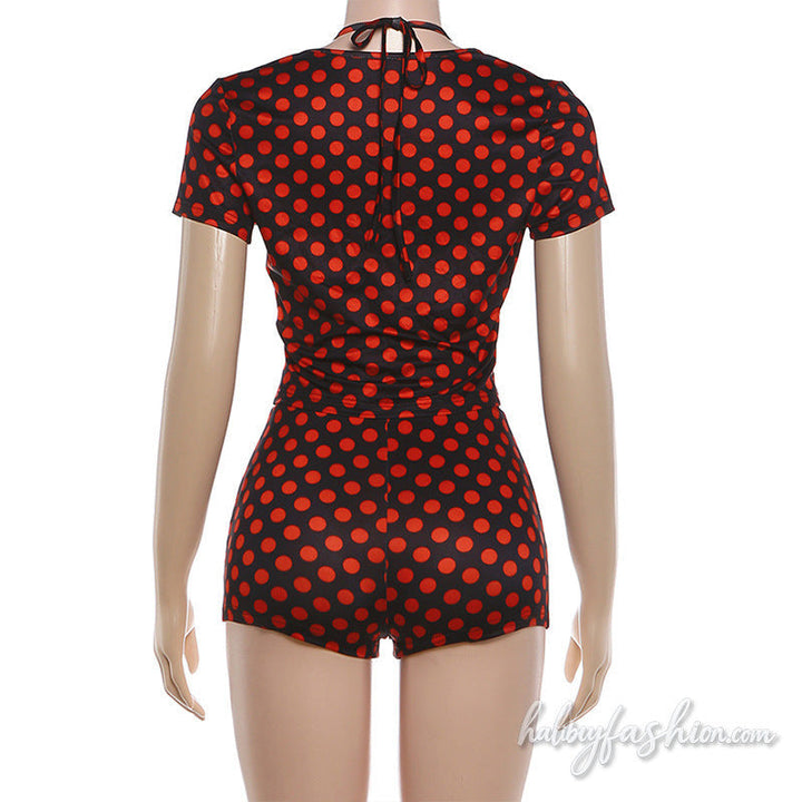 Polka dot short sleeve halter self tie pant set