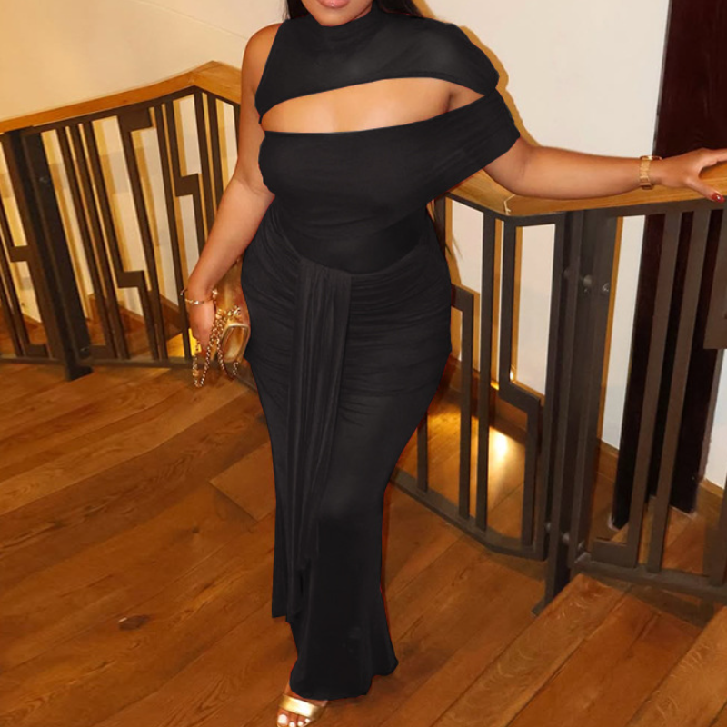 Crewneck hollow out solid ruched cut out maxi dress  | Festival Outfits Women