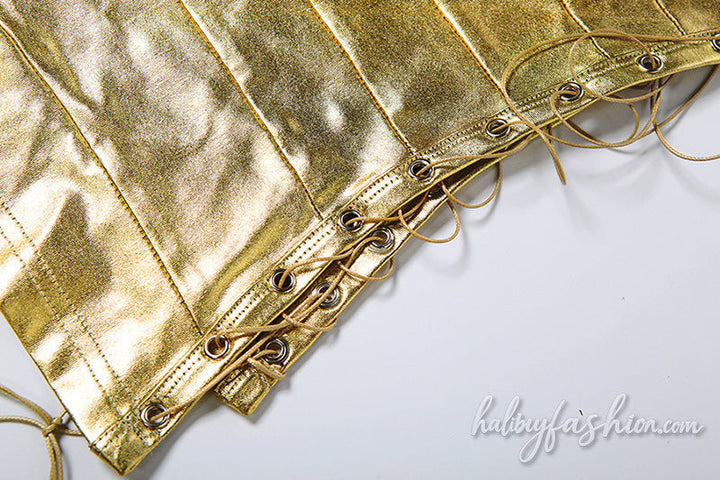 Metallic square neck lace up hollow out cami top