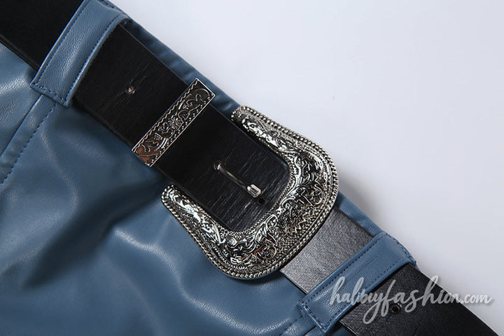 PU leather belt zip-up tube mini skirt set