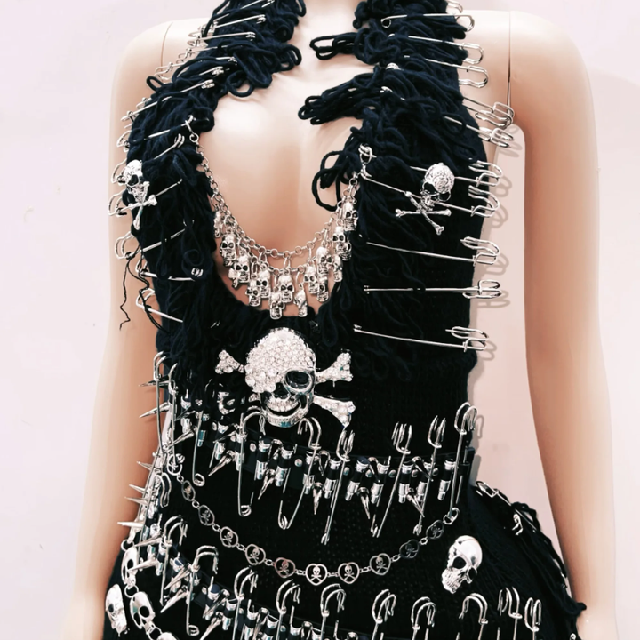 Halter fluffy skull applique backless mini dress  | Festival Outfits Women