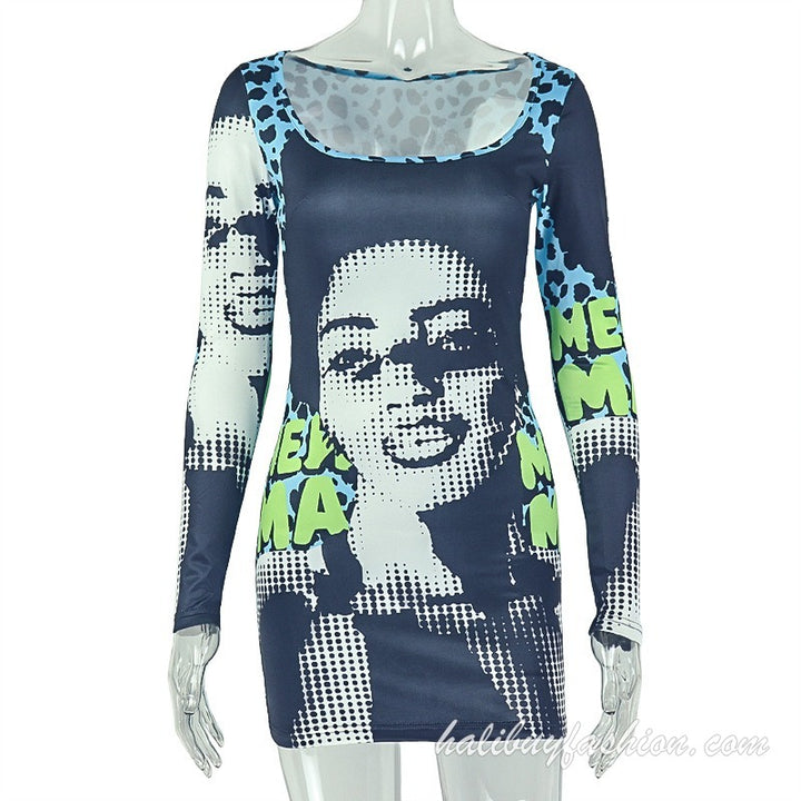 Long sleeve u neck print mesh patchwork mini dress - Halibuy - 9