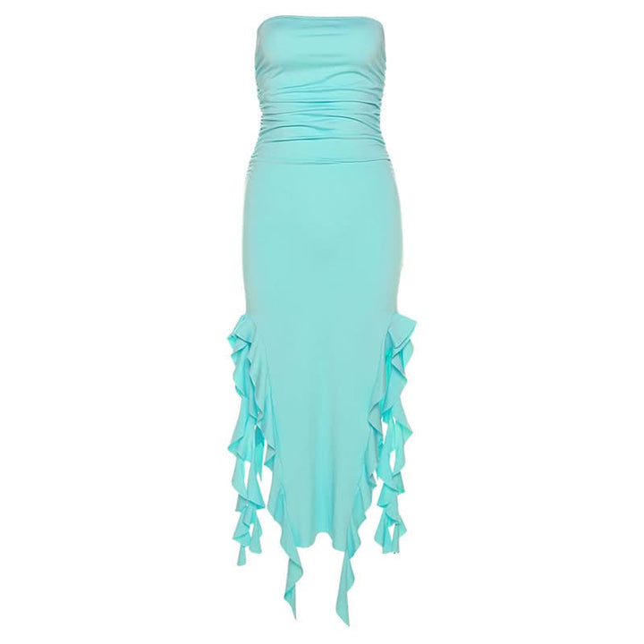 Solid slit irregular ruffle ribbon backless tube midi dress - Final Sale