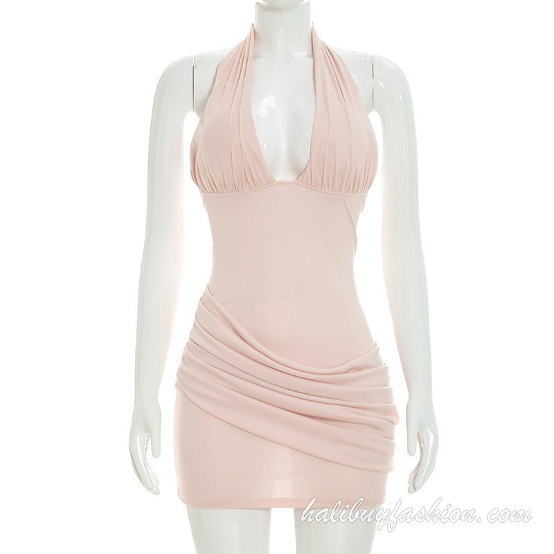 Halter sleeveless solid ruched backless deep v neck mini dress - Halibuy - 9