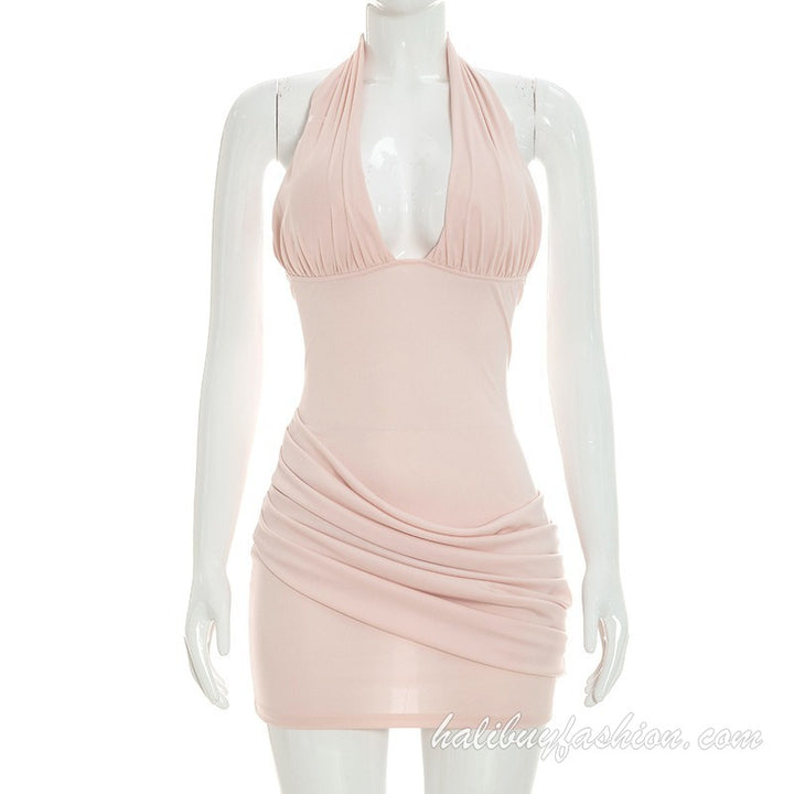 Halter sleeveless solid ruched backless deep v neck mini dress - Halibuy - 9