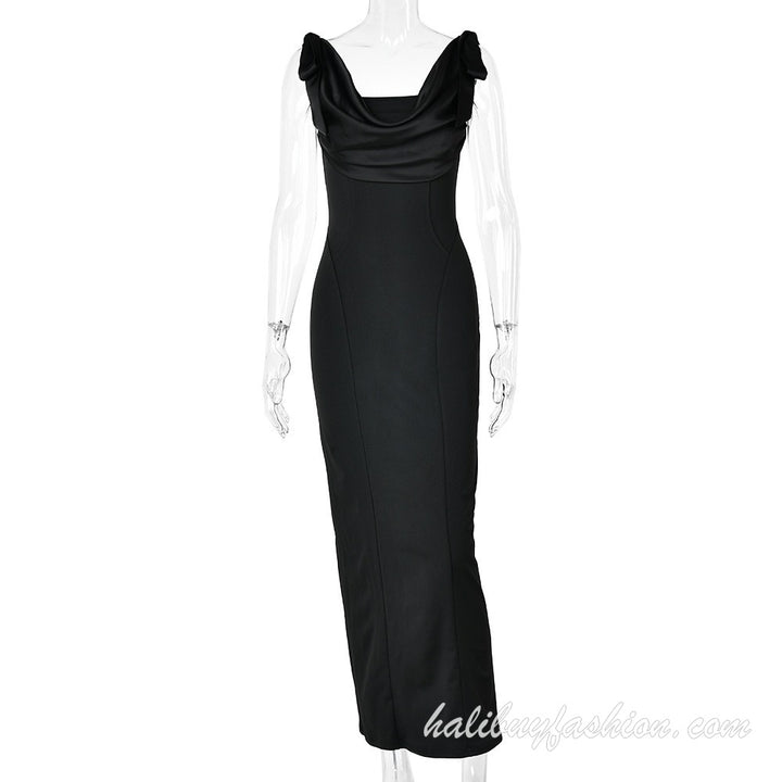 Satin cowl neck sleeveless backless bowknot high slit maxi dress - Halibuy - 9