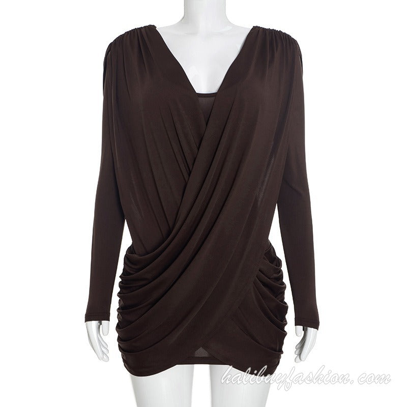 Long sleeve deep v neck cross front ruched solid mini dress - Halibuy - 9