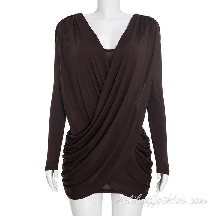 Long sleeve deep v neck cross front ruched solid mini dress - Halibuy - 9