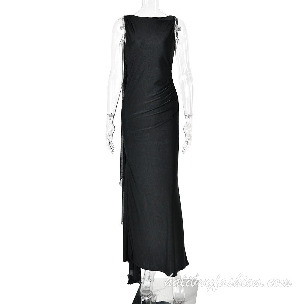 Sleeveless backless ruched solid square neck maxi dress - Halibuy - 9