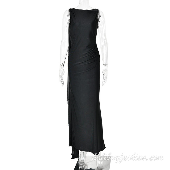 Sleeveless backless ruched solid square neck maxi dress - Halibuy - 9