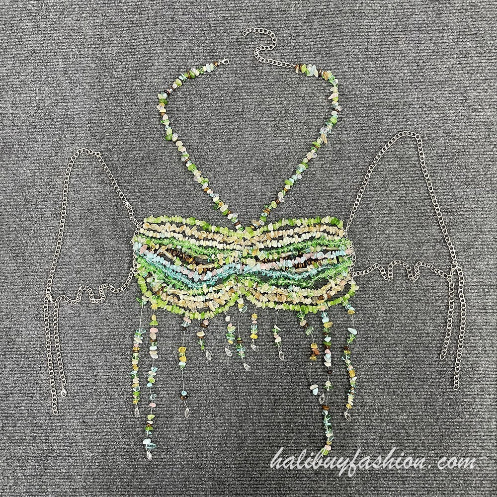 Halter beaded tassels backless metal chain top - Halibuy - 8